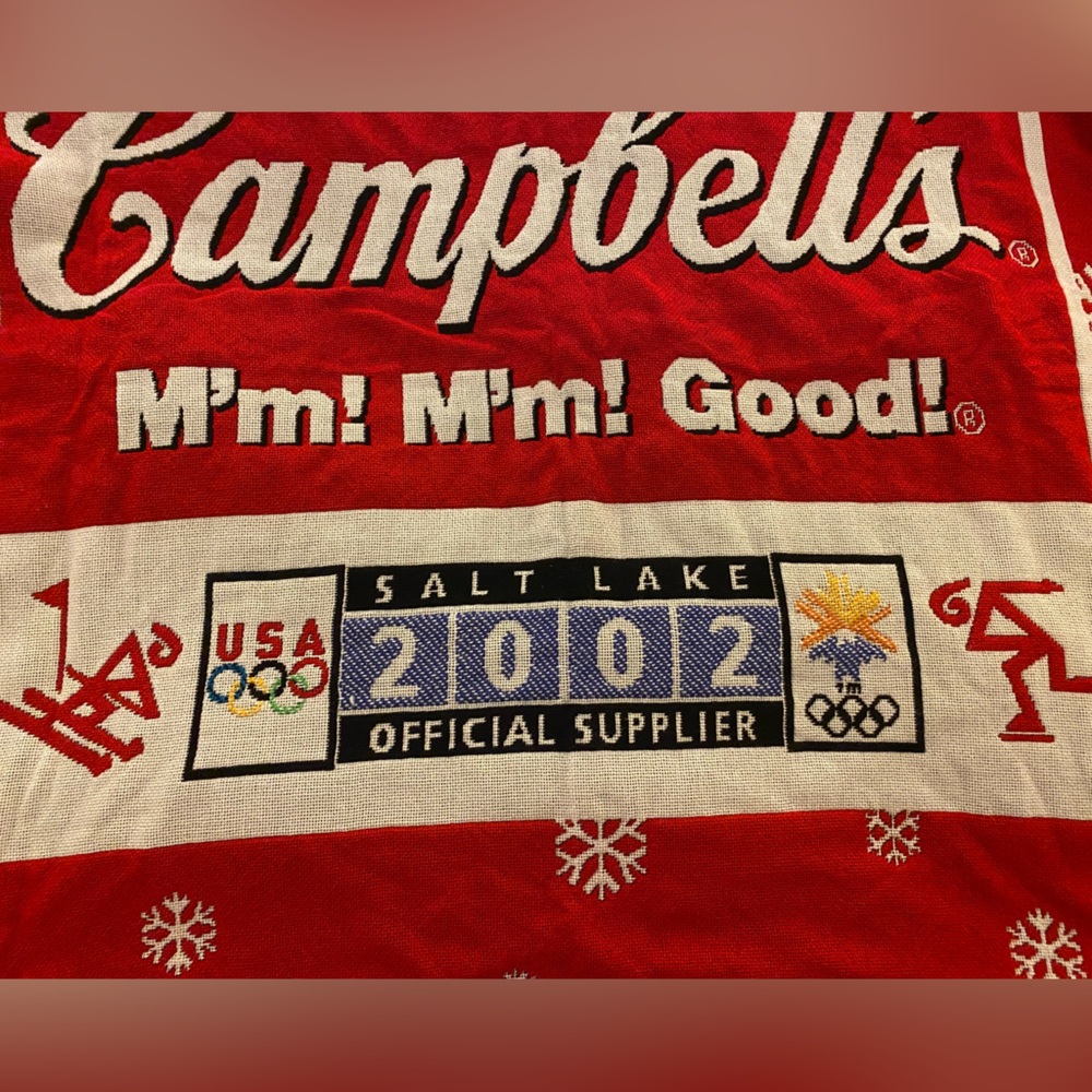 Collectible Campbell's Soup 2002 Olympics throw blanket with fringe